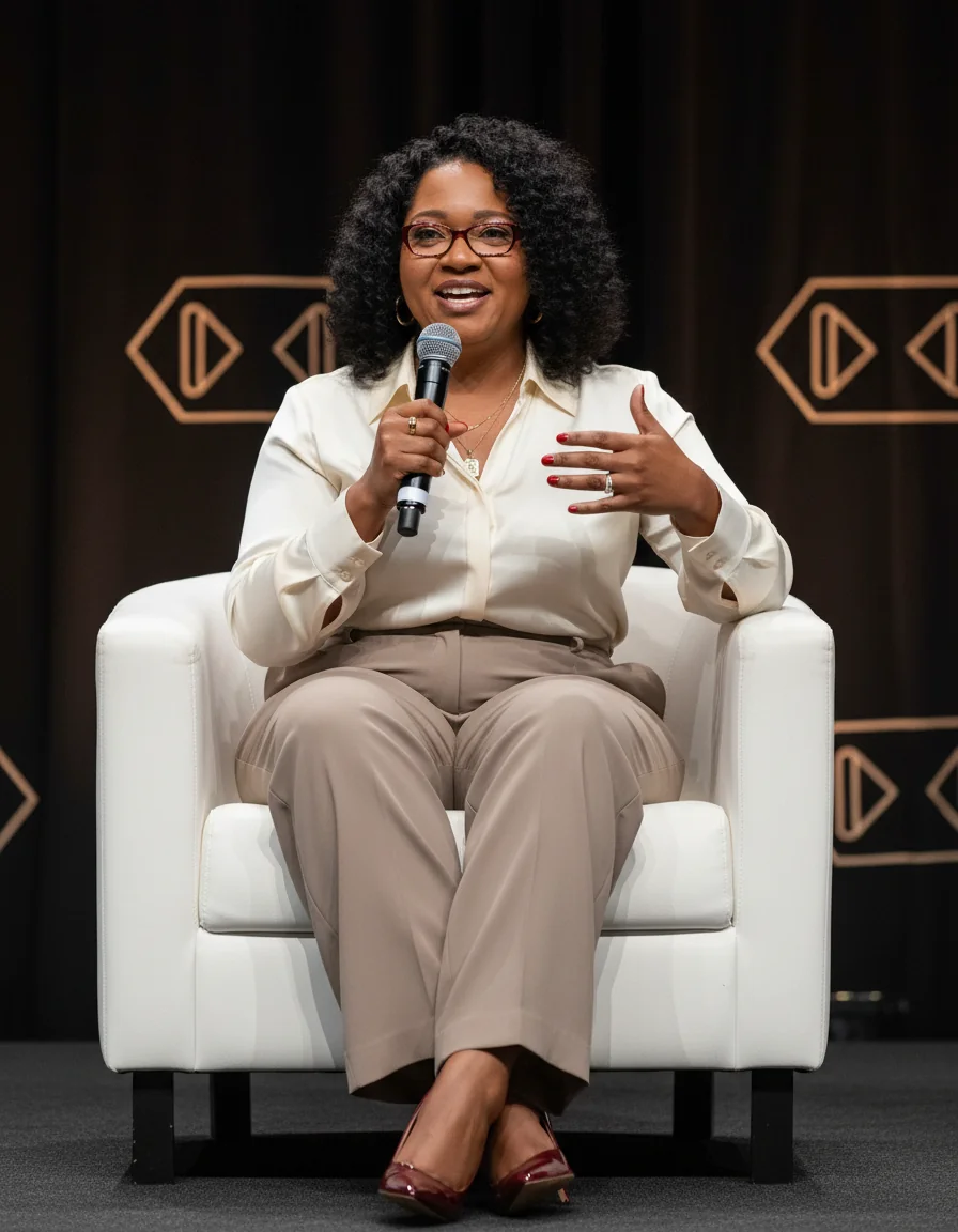 Calvalyn speaking into a microphone and gesturing during an onstage leadership conversation