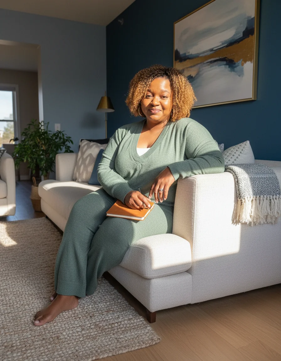 Calvalyn seated comfortably on a sofa in a green outfit, holding a notebook in a warmly lit room